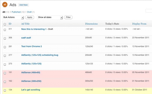 Ads displayed in Adsanity Ad management view Ads displayed in Adsanity Ad management view