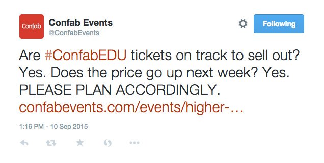Screenshot of a tweet from Confab Events advertising ticket prices with a link to purchase tickets.