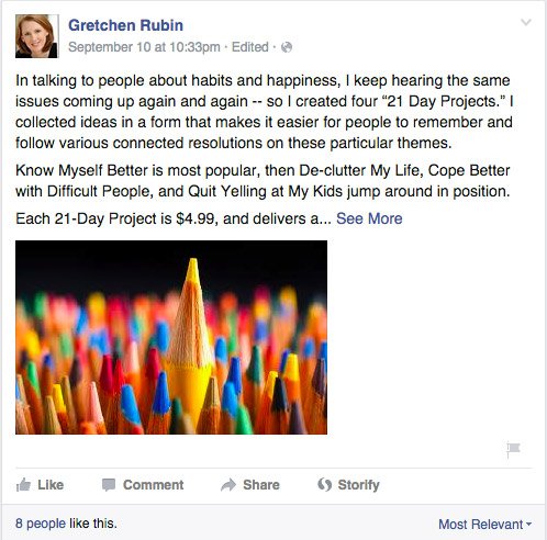 Screenshot of a Facebook post by writer Gretchen Rubin, showing that the post is cut off with a 'see more' link.