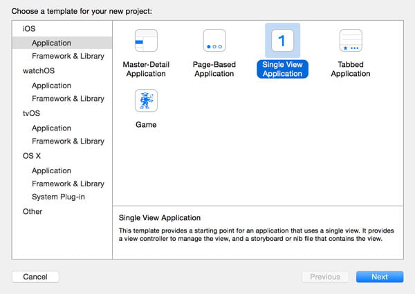 Choosing the Single View Application Template