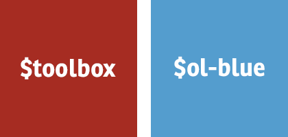 Brand colors, $toolbox and $ol-blue, for a hypothetical site called Gullfoss Travel Supply Co.