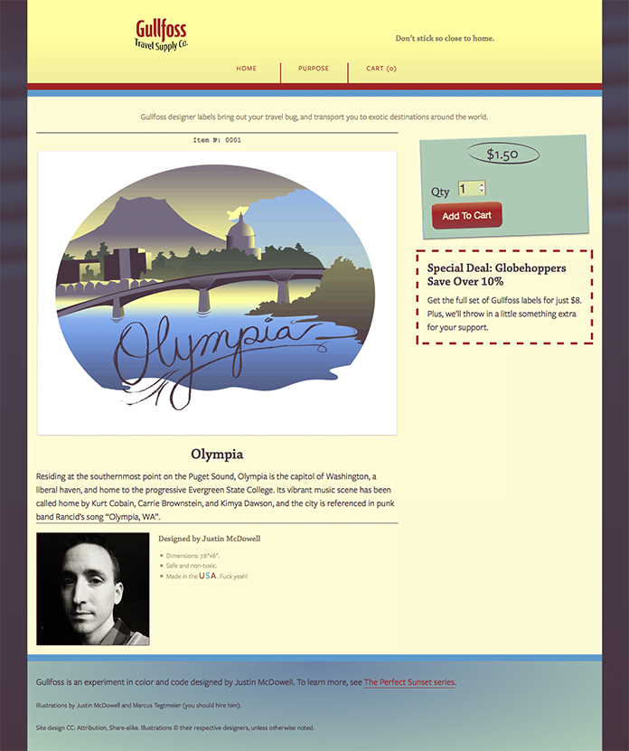 The Olympia page of the Gullfoss Travel Supply Co. site.