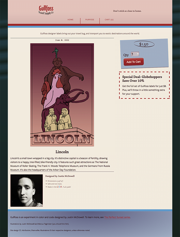 The Lincoln page of the Gullfoss Travel Supply Co. site.