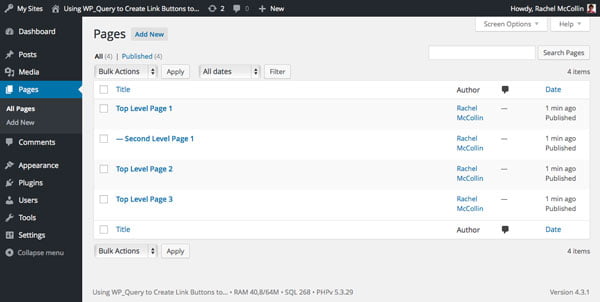 Image: https://cms-assets.tutsplus.com/uploads/users/227/posts/24967/image/pages-in-admin.jpg WordPress pages admin screen with pages added