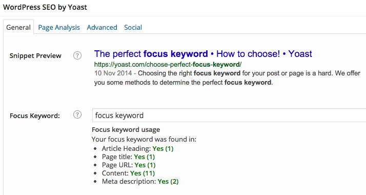 A screenshot of the focus keyword being entered in the WordPress SEO plugin